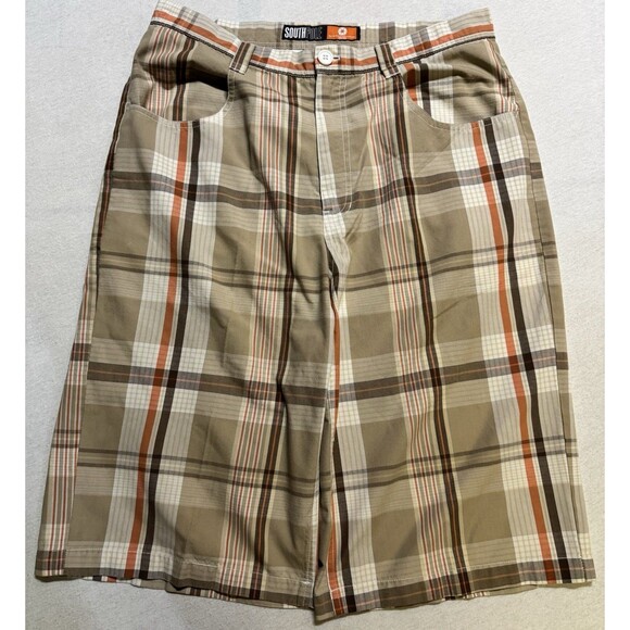 Y2K Southpole Shorts Mens 34 Plaid Orange Lightweight Hip Hop Streetwear Baggy - Picture 1 of 8